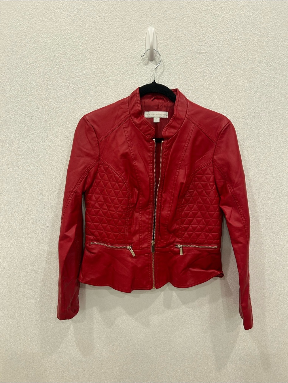 New York & Company Red Quilted Faux Leather Moto Jacket